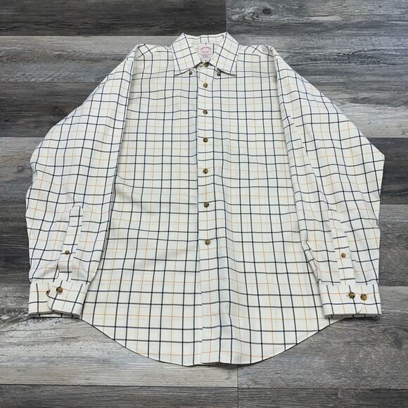 Brooks Brothers 1818 Cream Plaid Mens L Window Pane‎ Non Iron Button Down Shirt - Picture 1 of 8